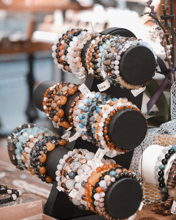 beads on display in a jewelry shop. bijouterie