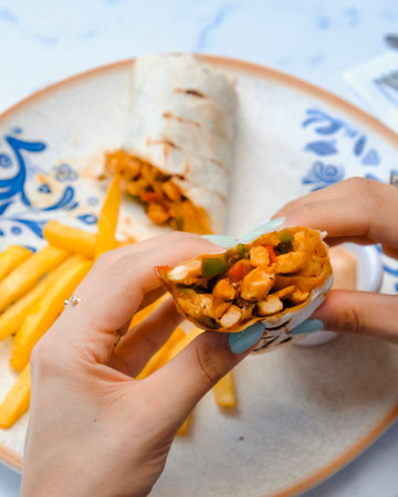 Traditional mexican tortilla wrap with chicken and vegetables on a plateの写真素材
