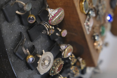 Jewelry in the shop window, closeup of photo.の写真素材