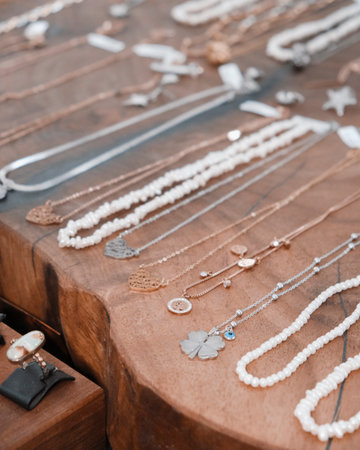 Handmade jewelry on display at a bazaar in Istanbul, Turkeyの写真素材