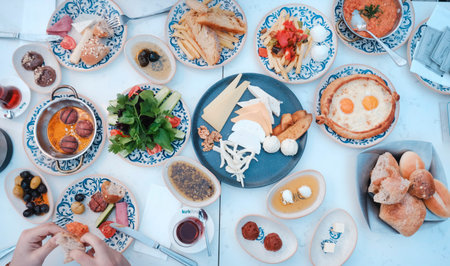 Rich and delicious breakfast on a table in a restaurant, top viewの写真素材