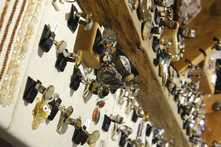 Handmade jewelery on display at a shop window in Paris, Franceの写真素材