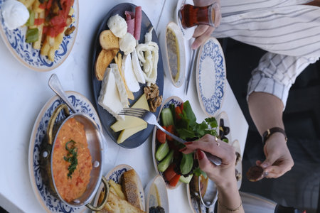Fresh fruits and healthy foods for a morning mealの写真素材