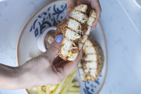 Sandwich with cheese and french fries in the hands of a womanの写真素材