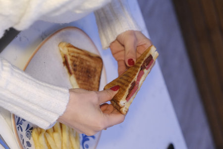 Close-up of a woman's hands holding a sandwich on a plateの写真素材