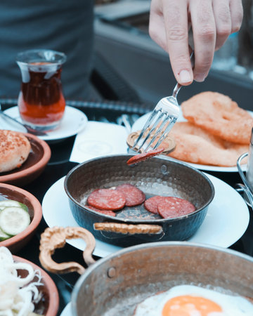 Breakfast - fried eggs and sausage in a frying pan on the tableの写真素材