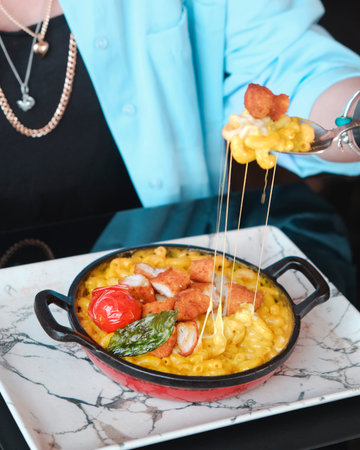 A woman in a blue blouse and a blue jacket is holding a plate of macaroni and cheese.の写真素材
