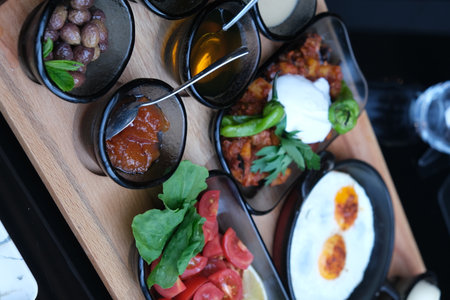 Traditional Turkish and Greek dinner appetizer set in a restaurantの写真素材