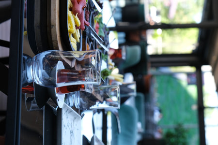 Wine glass on the table in the restaurant. close upの写真素材