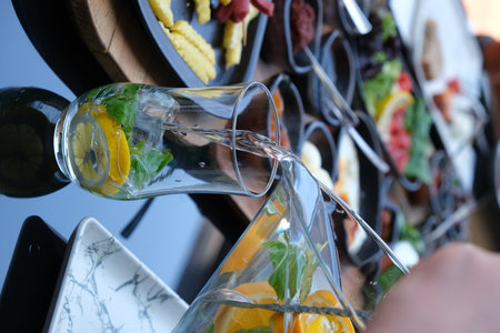 Catering buffet with different food snacks and drinks. celebration conceptの写真素材