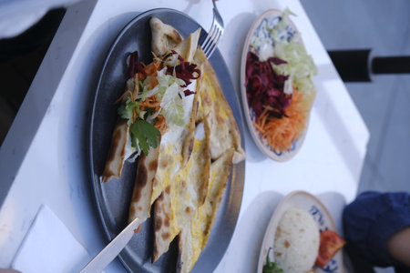 Grilled quesadilla with salad and cheese on the table
