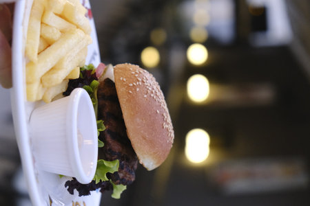 Close up of hamburger and french fries.の写真素材