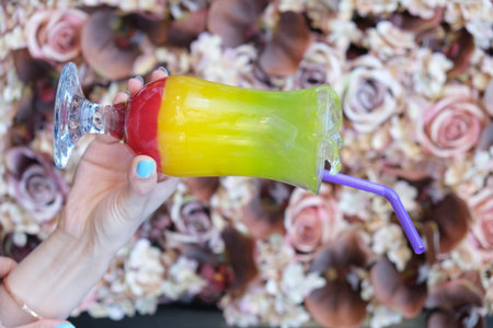 Hand holding a glass of fresh fruit juice on a floral background.の写真素材