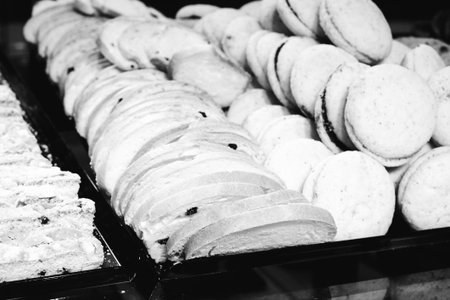Group of associated cookies. Chocolate chip, oatmeal raisin, white chocolateの写真素材