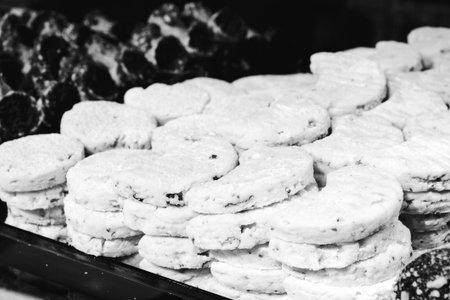 Group of associated cookies. Chocolate chip, oatmeal raisin, white chocolateの写真素材