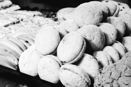 Group of associated cookies. Chocolate chip, oatmeal raisin, white chocolateの写真素材