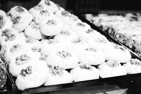 Group of associated cookies. Chocolate chip, oatmeal raisin, white chocolateの写真素材