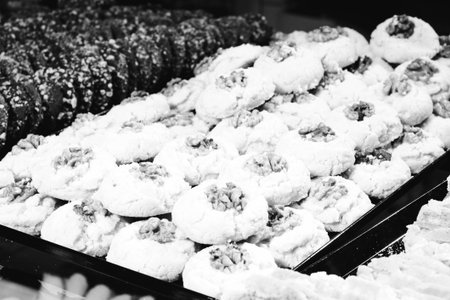 Group of associated cookies. Chocolate chip, oatmeal raisin, white chocolateの写真素材