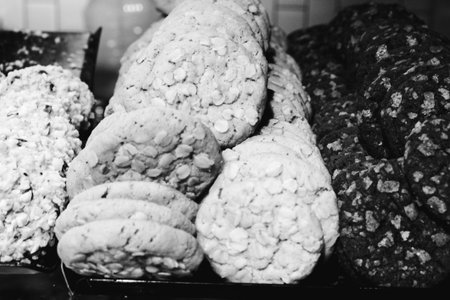 Group of associated cookies. Chocolate chip, oatmeal raisin, white chocolateの写真素材
