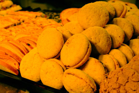Group of associated cookies. Chocolate chip, oatmeal raisin, white chocolateの写真素材