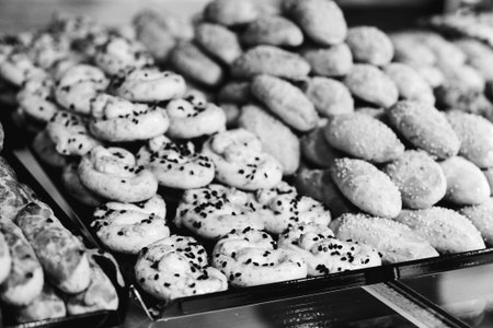 Group of associated cookies. Chocolate chip, oatmeal raisin, white chocolateの写真素材