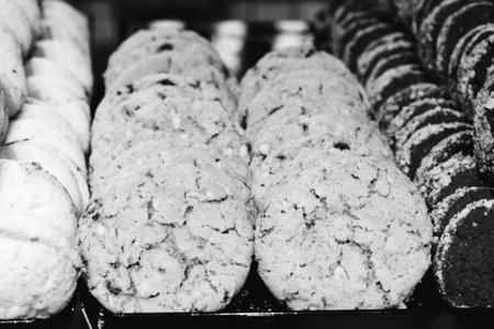 Group of associated cookies. Chocolate chip, oatmeal raisin, white chocolateの写真素材