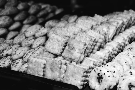 Group of associated cookies. Chocolate chip, oatmeal raisin, white chocolateの写真素材