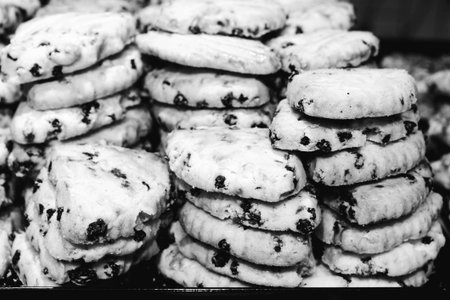 Group of associated cookies. Chocolate chip, oatmeal raisin, white chocolateの写真素材