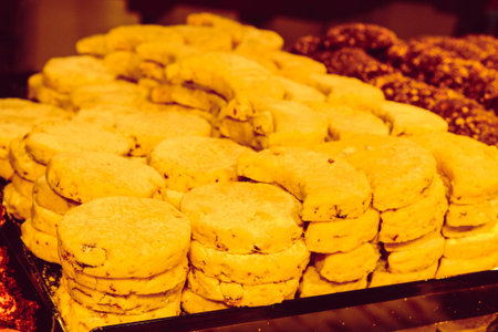 Group of associated cookies. Chocolate chip, oatmeal raisin, white chocolateの写真素材