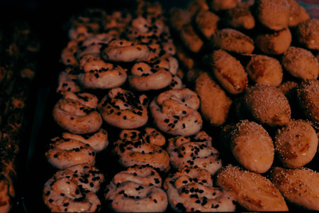 Group of associated cookies. Chocolate chip, oatmeal raisin, white chocolateの写真素材