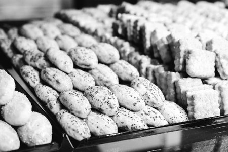 Group of associated cookies. Chocolate chip, oatmeal raisin, white chocolateの写真素材