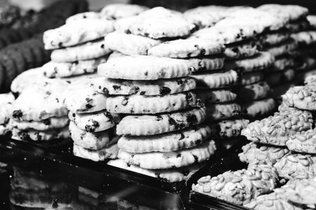 Group of associated cookies. Chocolate chip, oatmeal raisin, white chocolateの写真素材