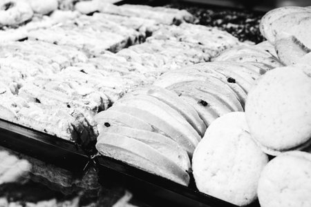 Group of associated cookies. Chocolate chip, oatmeal raisin, white chocolateの写真素材