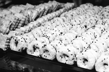 Group of associated cookies. Chocolate chip, oatmeal raisin, white chocolateの写真素材