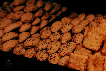 Group of associated cookies. Chocolate chip, oatmeal raisin, white chocolateの写真素材