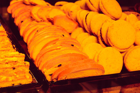 Group of associated cookies. Chocolate chip, oatmeal raisin, white chocolateの写真素材