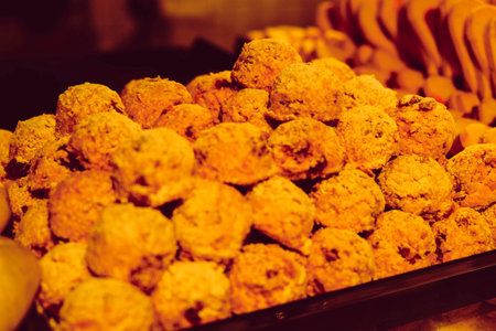 Group of associated cookies. Chocolate chip, oatmeal raisin, white chocolateの写真素材