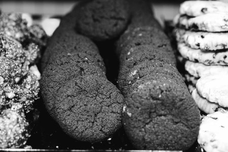 Group of associated cookies. Chocolate chip, oatmeal raisin, white chocolate