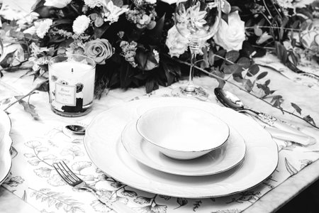 beautiful plate and fresh perfect colorful flowers standing on luxury table
