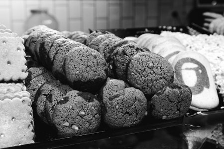Group of associated cookies. Chocolate chip, oatmeal raisin, white chocolateの写真素材