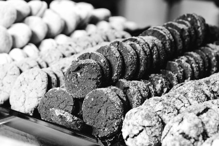 Group of associated cookies. Chocolate chip, oatmeal raisin, white chocolateの写真素材
