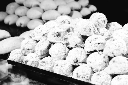 Group of associated cookies. Chocolate chip, oatmeal raisin, white chocolateの写真素材