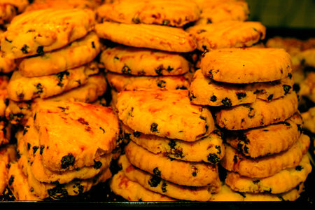 Group of associated cookies. Chocolate chip, oatmeal raisin, white chocolateの写真素材
