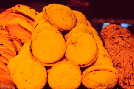 Group of associated cookies. Chocolate chip, oatmeal raisin, white chocolateの写真素材