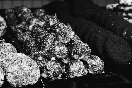 Group of associated cookies. Chocolate chip, oatmeal raisin, white chocolateの写真素材