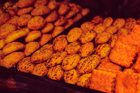 Group of associated cookies. Chocolate chip, oatmeal raisin, white chocolateの写真素材