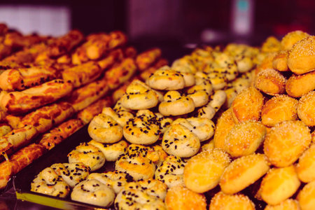 Group of associated cookies. Chocolate chip, oatmeal raisin, white chocolateの写真素材