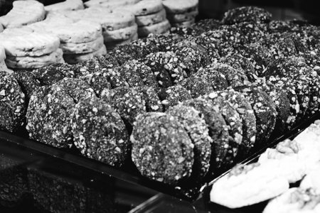 Group of associated cookies. Chocolate chip, oatmeal raisin, white chocolateの写真素材