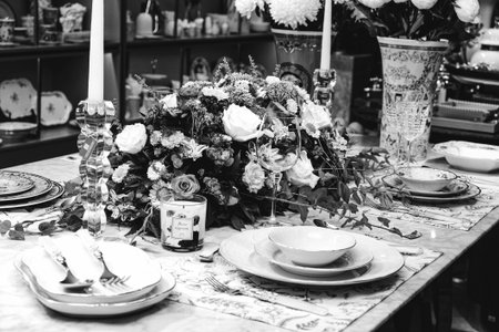 beautiful plate and fresh perfect colorful flowers standing on luxury tableの写真素材