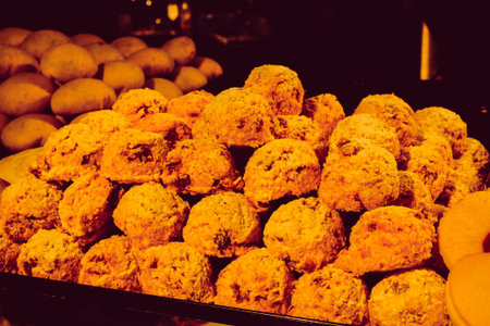 Group of associated cookies. Chocolate chip, oatmeal raisin, white chocolateの写真素材